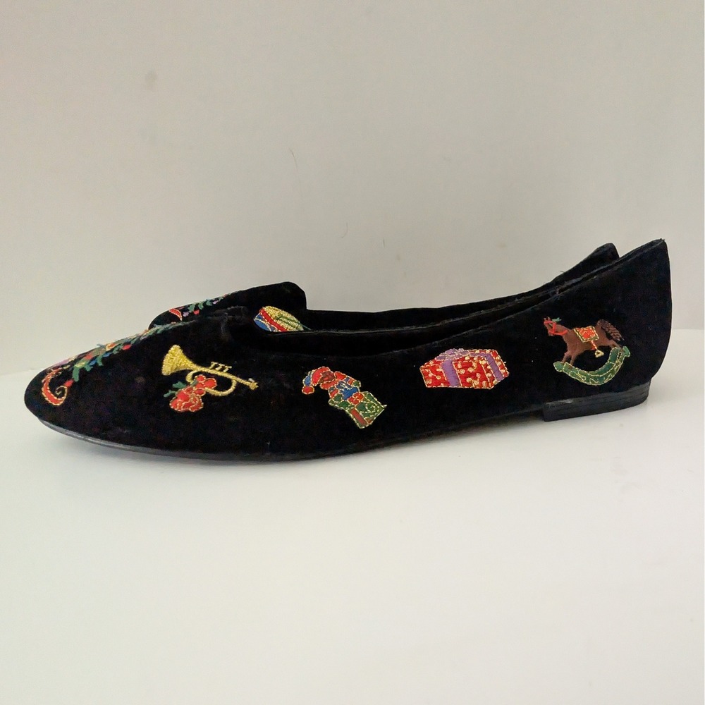 Worthington Womens Black Velvet Christmas Embroidered Smoking Flats Size 11M